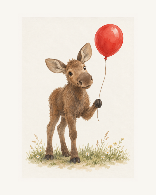 En glad älgkalv håller en röd ballong över en sommaräng på varmvit bakgrund. – 40 × 50 cm med ljus marginal.