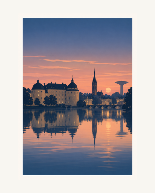 En fri Örebrosiluett med slott, kyrktorn och Svampen speglas i Svartån under rosa och blå skymningshimmel. – 40 × 50 cm med ljus marginal.
