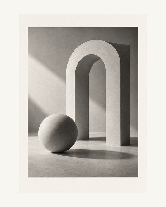 En ljus skulptural båge och ett klot kastar mjuka skuggor i en stilla svartvit komposition. – 40 × 50 cm med ljus marginal.