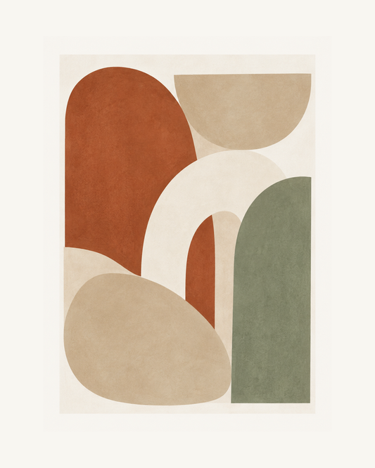 Mjuka bågar och organiska former i terrakotta, sand, salvia och varmvit färg. – 40 × 50 cm med ljus marginal.