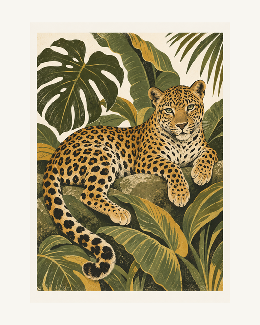 En vilande leopard bland stora tropiska blad i olivgrönt, senapsgult, svart och gräddvitt. – 40 × 50 cm med ljus marginal.