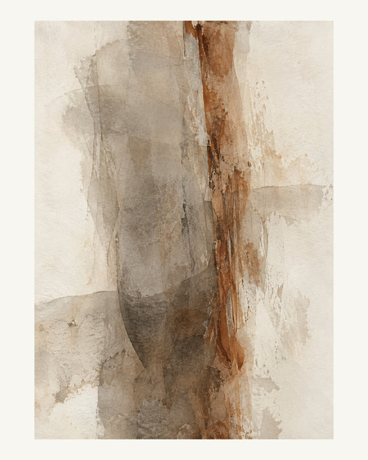Tunna umbra- och gråskikt överlappar kring ett torrt siennafärgat spår. Format 40 × 50 cm med ljus marginal.