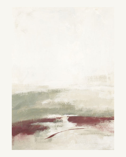 Abstrakt måleriskt motiv i matt vit, varm krita, vinrött, dämpad salvia. Breda, ojämna färglager möts kring en avbruten horisont och lämnar gott om ljus luft. 40 × 50 cm.