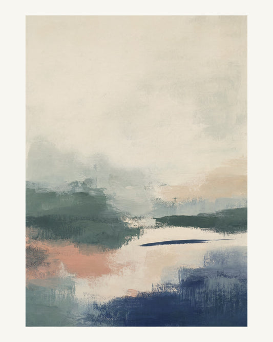 Abstrakt måleriskt motiv i mörk grågrön, benvitt, djup indigo, lerrosa. Breda, ojämna färglager möts kring en avbruten horisont och lämnar gott om ljus luft. 40 × 50 cm.