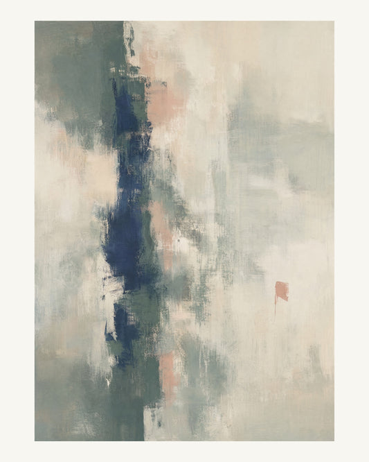Abstrakt måleriskt motiv i mörk grågrön, benvitt, djup indigo, lerrosa. Ett brutet lodrätt färgstråk möter tunna utsuddade slöjor och en liten förskjuten accent. 40 × 50 cm.