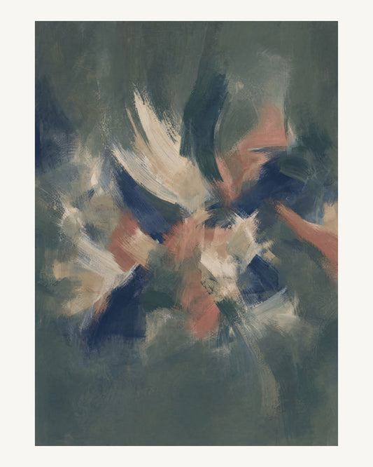 Abstrakt måleriskt motiv i mörk grågrön, benvitt, djup indigo, lerrosa. Korta, torra penseldrag möter en bredare rörelse i en färgrik mittpunkt med luft runt omkring. 40 × 50 cm.