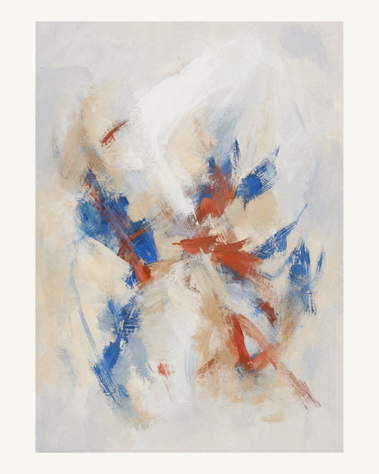 Abstrakt måleriskt motiv i matt vit, varmt elfenben, kobolt, tegelrött. Korta, torra penseldrag möter en bredare rörelse i en färgrik mittpunkt med luft runt omkring. 40 × 50 cm.