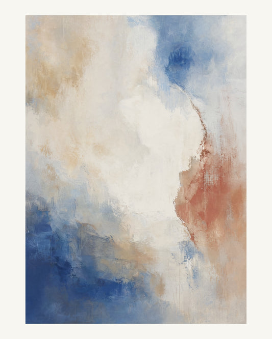 Abstrakt måleriskt motiv i matt vit, varmt elfenben, kobolt, tegelrött. Mjuka färgfält löser upp sig kring ett ljust mellanrum, med diskreta skrapningar som ger ytan liv. 40 × 50 cm.