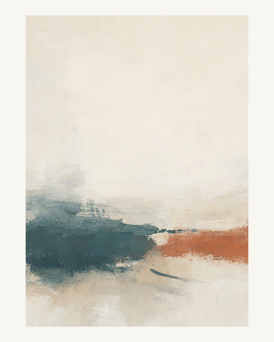 Abstrakt måleriskt motiv i off-white, pappersvitt, petroleum, bränd terrakotta. Breda, ojämna färglager möts kring en avbruten horisont och lämnar gott om ljus luft. 40 × 50 cm.