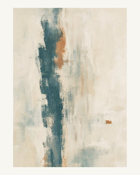 Abstrakt måleriskt motiv i off-white, pappersvitt, petroleum, bränd terrakotta. Ett brutet lodrätt färgstråk möter tunna utsuddade slöjor och en liten förskjuten accent. 40 × 50 cm.