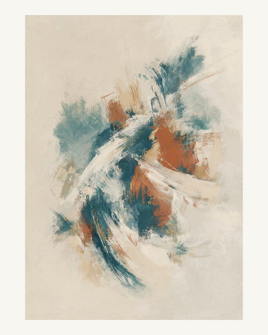 Abstrakt måleriskt motiv i off-white, pappersvitt, petroleum, bränd terrakotta. Korta, torra penseldrag möter en bredare rörelse i en färgrik mittpunkt med luft runt omkring. 40 × 50 cm.