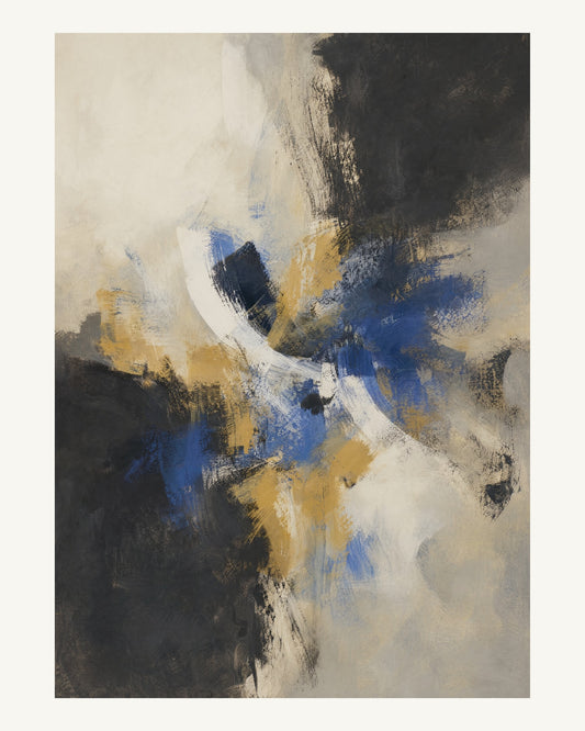Abstrakt måleriskt motiv i svart, kalkvitt, ultramarin, dämpad ockra. Korta, torra penseldrag möter en bredare rörelse i en färgrik mittpunkt med luft runt omkring. 40 × 50 cm.