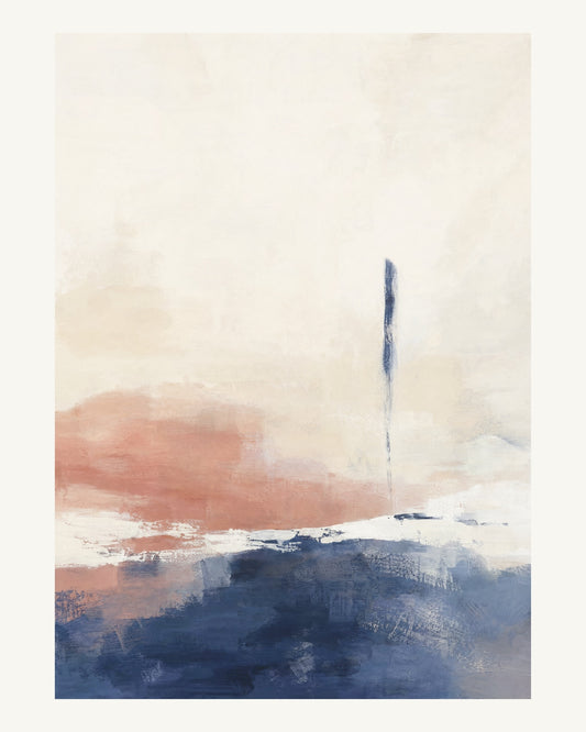 Abstrakt måleriskt motiv i vit, benvitt, djup indigo, lerrosa. Breda, ojämna färglager möts kring en avbruten horisont och lämnar gott om ljus luft. 40 × 50 cm.