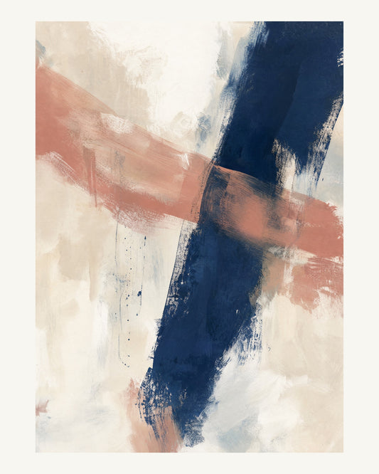 Abstrakt måleriskt motiv i vit, benvitt, djup indigo, lerrosa. Två olika penselrörelser möts i en öppen, asymmetrisk komposition med synliga underliggande färglager. 40 × 50 cm.