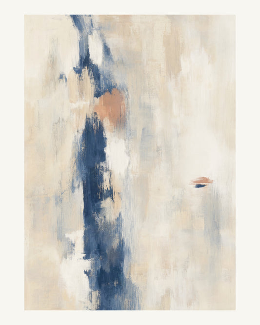 Abstrakt måleriskt motiv i vit, benvitt, djup indigo, lerrosa. Ett brutet lodrätt färgstråk möter tunna utsuddade slöjor och en liten förskjuten accent. 40 × 50 cm.
