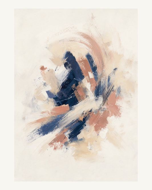 Abstrakt måleriskt motiv i vit, benvitt, djup indigo, lerrosa. Korta, torra penseldrag möter en bredare rörelse i en färgrik mittpunkt med luft runt omkring. 40 × 50 cm.