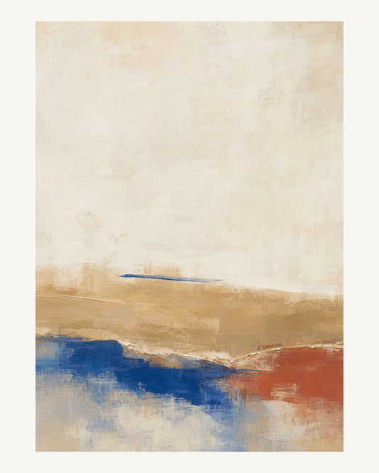 Abstrakt måleriskt motiv i ek, varmt elfenben, kobolt, tegelrött. Breda, ojämna färglager möts kring en avbruten horisont och lämnar gott om ljus luft. 40 × 50 cm.