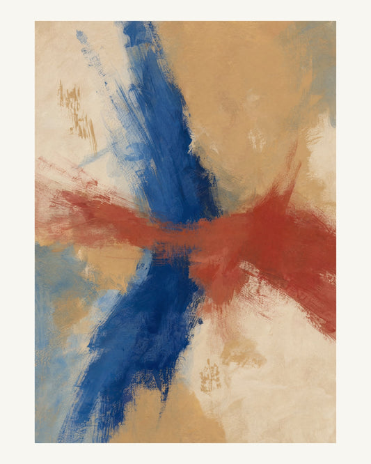Abstrakt måleriskt motiv i ek, varmt elfenben, kobolt, tegelrött. Två olika penselrörelser möts i en öppen, asymmetrisk komposition med synliga underliggande färglager. 40 × 50 cm.