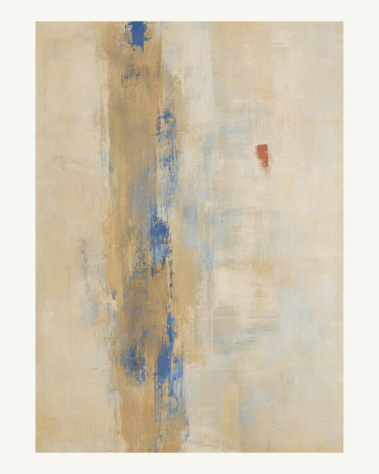 Abstrakt måleriskt motiv i ek, varmt elfenben, kobolt, tegelrött. Ett brutet lodrätt färgstråk möter tunna utsuddade slöjor och en liten förskjuten accent. 40 × 50 cm.