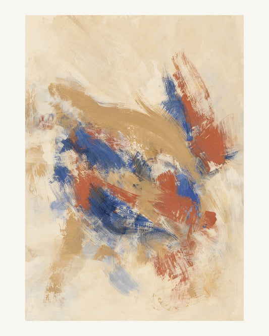Abstrakt måleriskt motiv i ek, varmt elfenben, kobolt, tegelrött. Korta, torra penseldrag möter en bredare rörelse i en färgrik mittpunkt med luft runt omkring. 40 × 50 cm.