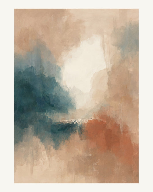Abstrakt måleriskt motiv i ljus bambu, pappersvitt, petroleum, bränd terrakotta. Mjuka färgfält löser upp sig kring ett ljust mellanrum, med diskreta skrapningar som ger ytan liv. 40 × 50 cm.