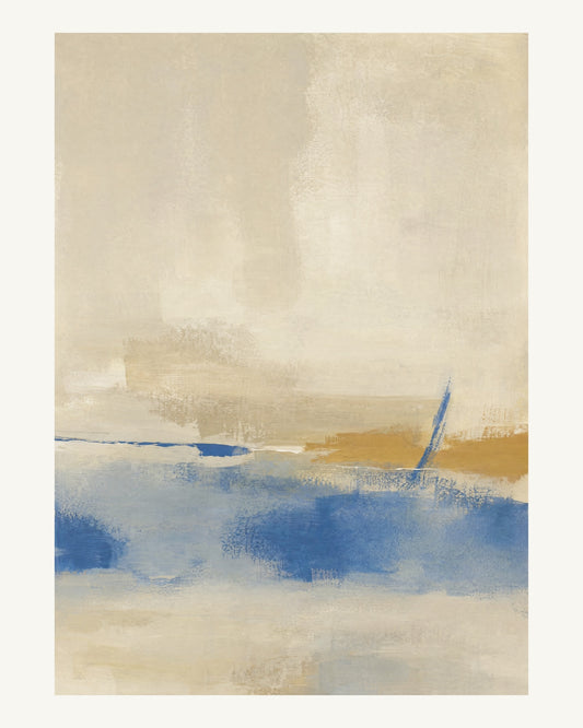 Abstrakt måleriskt motiv i beige, kalkvitt, ultramarin, dämpad ockra. Breda, ojämna färglager möts kring en avbruten horisont och lämnar gott om ljus luft. 40 × 50 cm.