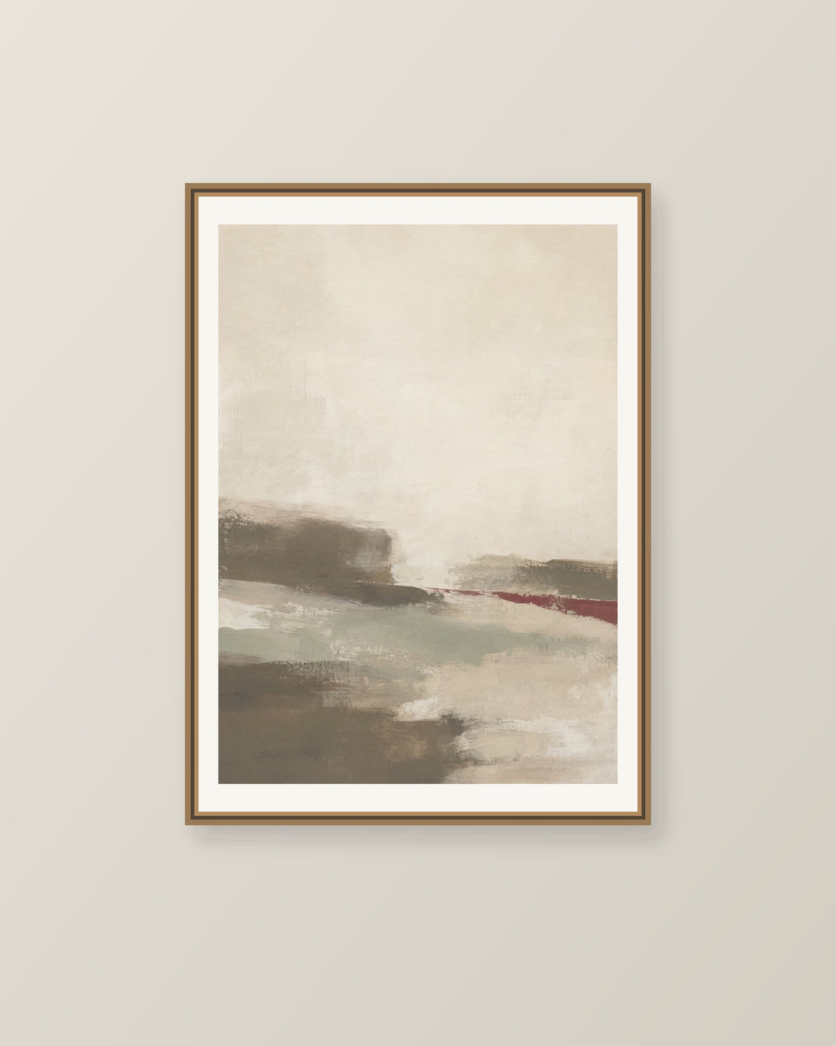 Abstrakt måleriskt motiv i brun-beige, varm krita, vinrött, dämpad salvia. Breda, ojämna färglager möts kring en avbruten horisont och lämnar gott om ljus luft. Illustrerad inramningsvy. Ram ingår inte.