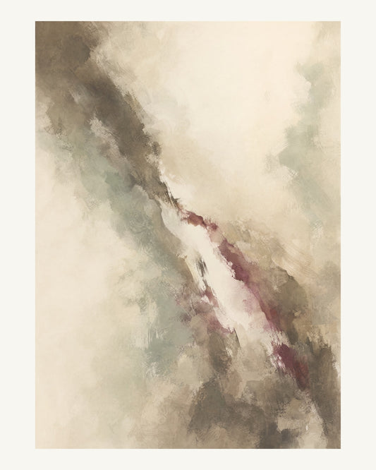 Abstrakt måleriskt motiv i brun-beige, varm krita, vinrött, dämpad salvia. Tunna färgslöjor glider diagonalt över ljusa partier, med ett tätare färgavtryck som motvikt. 40 × 50 cm.