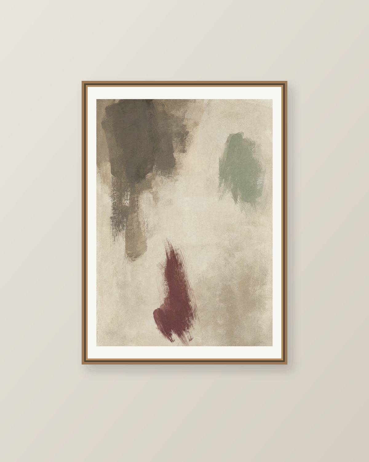 Abstrakt måleriskt motiv i brun-beige, varm krita, vinrött, dämpad salvia. Fristående färgavtryck i olika storlek lämnar generösa mellanrum och låter papprets ljusa yta bära bilden. Illustrerad inramningsvy. Ram ingår inte.