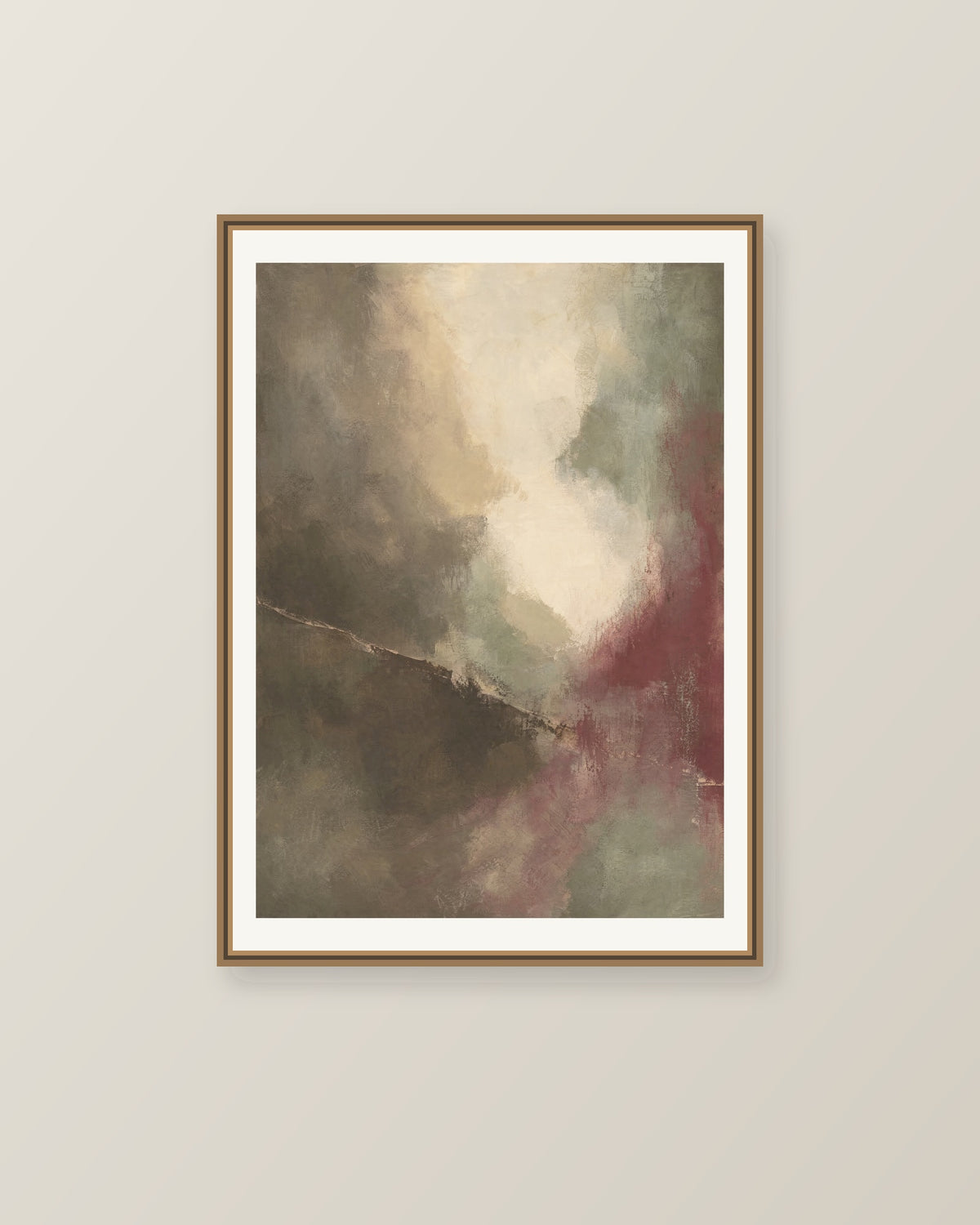 Abstrakt måleriskt motiv i brun-beige, varm krita, vinrött, dämpad salvia. Mjuka färgfält löser upp sig kring ett ljust mellanrum, med diskreta skrapningar som ger ytan liv. Illustrerad inramningsvy. Ram ingår inte.