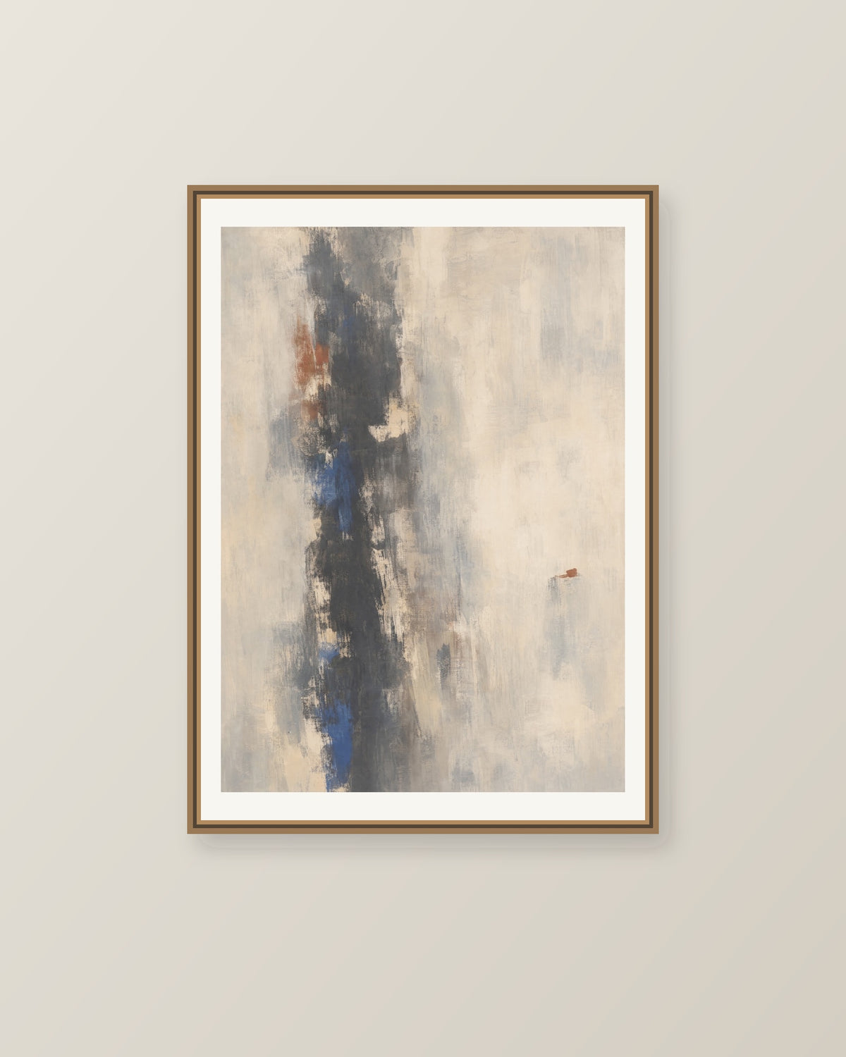 Abstrakt måleriskt motiv i antracit/räfflat glas, varmt elfenben, kobolt, tegelrött. Ett brutet lodrätt färgstråk möter tunna utsuddade slöjor och en liten förskjuten accent. Illustrerad inramningsvy. Ram ingår inte.