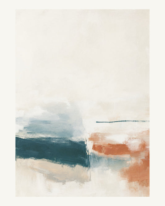 Abstrakt måleriskt motiv i vit/klarglas, pappersvitt, petroleum, bränd terrakotta. Breda, ojämna färglager möts kring en avbruten horisont och lämnar gott om ljus luft. 40 × 50 cm.
