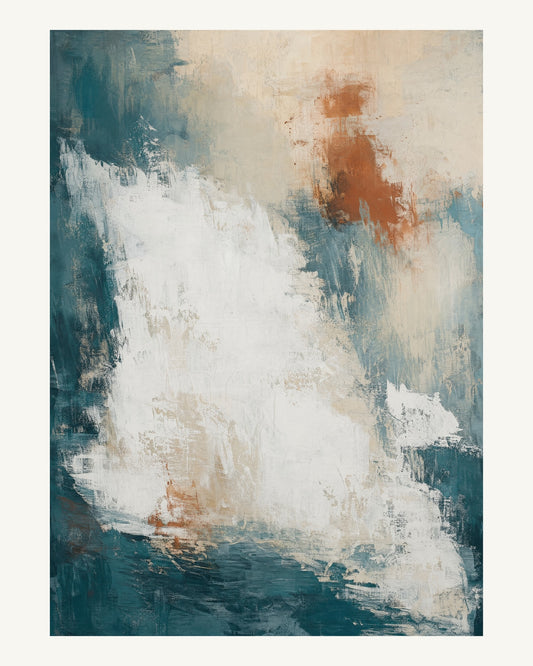 Abstrakt måleriskt motiv i vit/klarglas, pappersvitt, petroleum, bränd terrakotta. Ett fylligt, oregelbundet färgfält får tyngd av skrapade lager och bryts av ljusare öppningar. 40 × 50 cm.