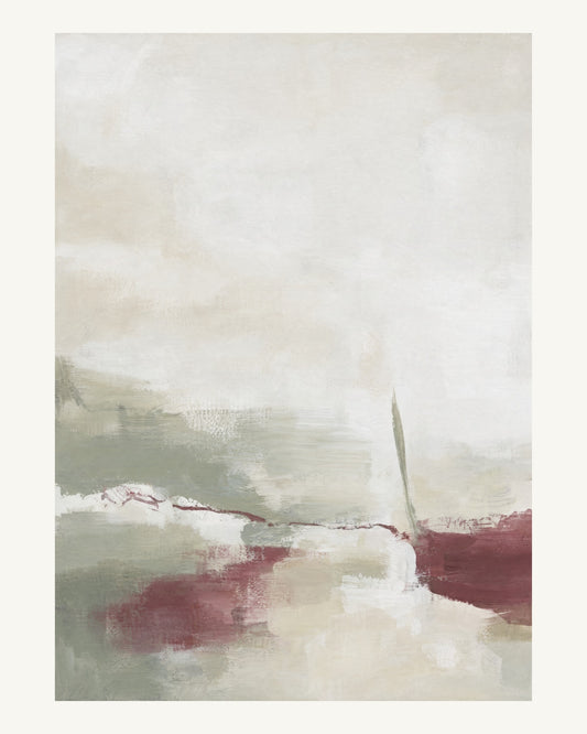 Abstrakt måleriskt motiv i vit, varm krita, vinrött, dämpad salvia. Breda, ojämna färglager möts kring en avbruten horisont och lämnar gott om ljus luft. 40 × 50 cm.