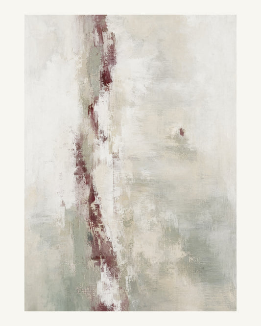 Abstrakt måleriskt motiv i vit, varm krita, vinrött, dämpad salvia. Ett brutet lodrätt färgstråk möter tunna utsuddade slöjor och en liten förskjuten accent. 40 × 50 cm.