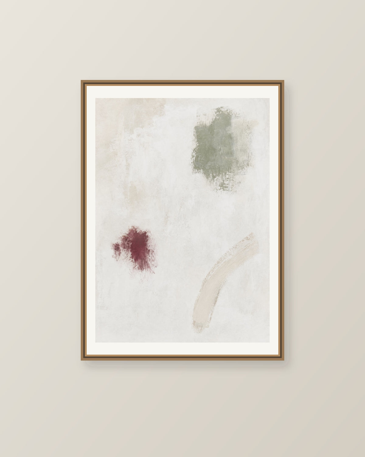 Abstrakt måleriskt motiv i vit, varm krita, vinrött, dämpad salvia. Fristående färgavtryck i olika storlek lämnar generösa mellanrum och låter papprets ljusa yta bära bilden. Illustrerad inramningsvy. Ram ingår inte.