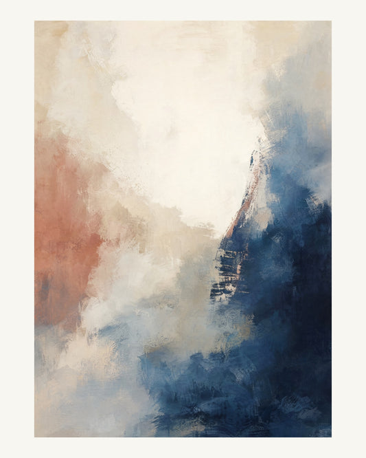 Abstrakt måleriskt motiv i vit ram, benvitt, djup indigo, lerrosa. Mjuka färgfält löser upp sig kring ett ljust mellanrum, med diskreta skrapningar som ger ytan liv. 40 × 50 cm.