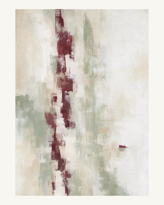 Abstrakt måleriskt motiv i högglans vit, varm krita, vinrött, dämpad salvia. Ett brutet lodrätt färgstråk möter tunna utsuddade slöjor och en liten förskjuten accent. 40 × 50 cm.