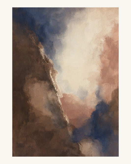 Abstrakt måleriskt motiv i brun, benvitt, djup indigo, lerrosa. Mjuka färgfält löser upp sig kring ett ljust mellanrum, med diskreta skrapningar som ger ytan liv. 40 × 50 cm.