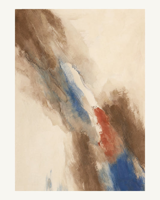 Abstrakt måleriskt motiv i mörkbrun askfaner, varmt elfenben, kobolt, tegelrött. Tunna färgslöjor glider diagonalt över ljusa partier, med ett tätare färgavtryck som motvikt. 40 × 50 cm.