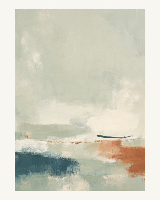 Abstrakt måleriskt motiv i ljusgrön, pappersvitt, petroleum, bränd terrakotta. Breda, ojämna färglager möts kring en avbruten horisont och lämnar gott om ljus luft. 40 × 50 cm.