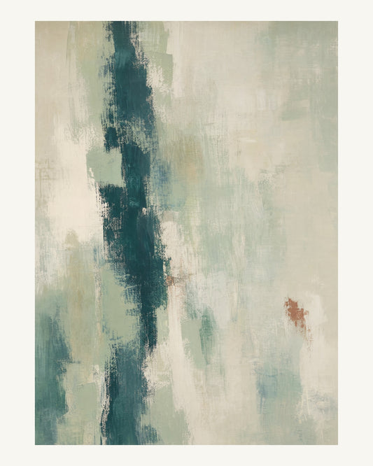 Abstrakt måleriskt motiv i ljusgrön, pappersvitt, petroleum, bränd terrakotta. Ett brutet lodrätt färgstråk möter tunna utsuddade slöjor och en liten förskjuten accent. 40 × 50 cm.