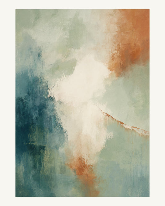 Abstrakt måleriskt motiv i ljusgrön, pappersvitt, petroleum, bränd terrakotta. Mjuka färgfält löser upp sig kring ett ljust mellanrum, med diskreta skrapningar som ger ytan liv. 40 × 50 cm.