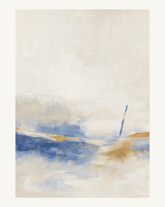 Abstrakt måleriskt motiv i vit, kalkvitt, ultramarin, dämpad ockra. Breda, ojämna färglager möts kring en avbruten horisont och lämnar gott om ljus luft. 40 × 50 cm.