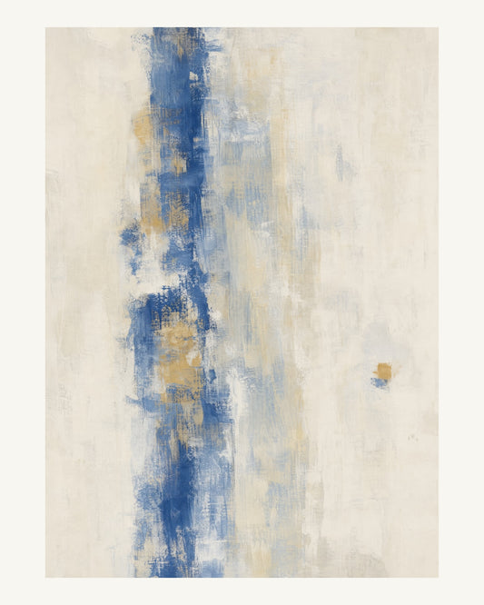Abstrakt måleriskt motiv i vit, kalkvitt, ultramarin, dämpad ockra. Ett brutet lodrätt färgstråk möter tunna utsuddade slöjor och en liten förskjuten accent. 40 × 50 cm.