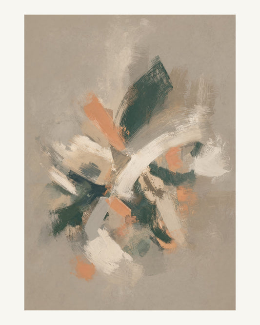 Abstrakt måleriskt motiv i matt yta mörkbeige, ljus kalk, skogsskugga, aprikos. Korta, torra penseldrag möter en bredare rörelse i en färgrik mittpunkt med luft runt omkring. 40 × 50 cm.