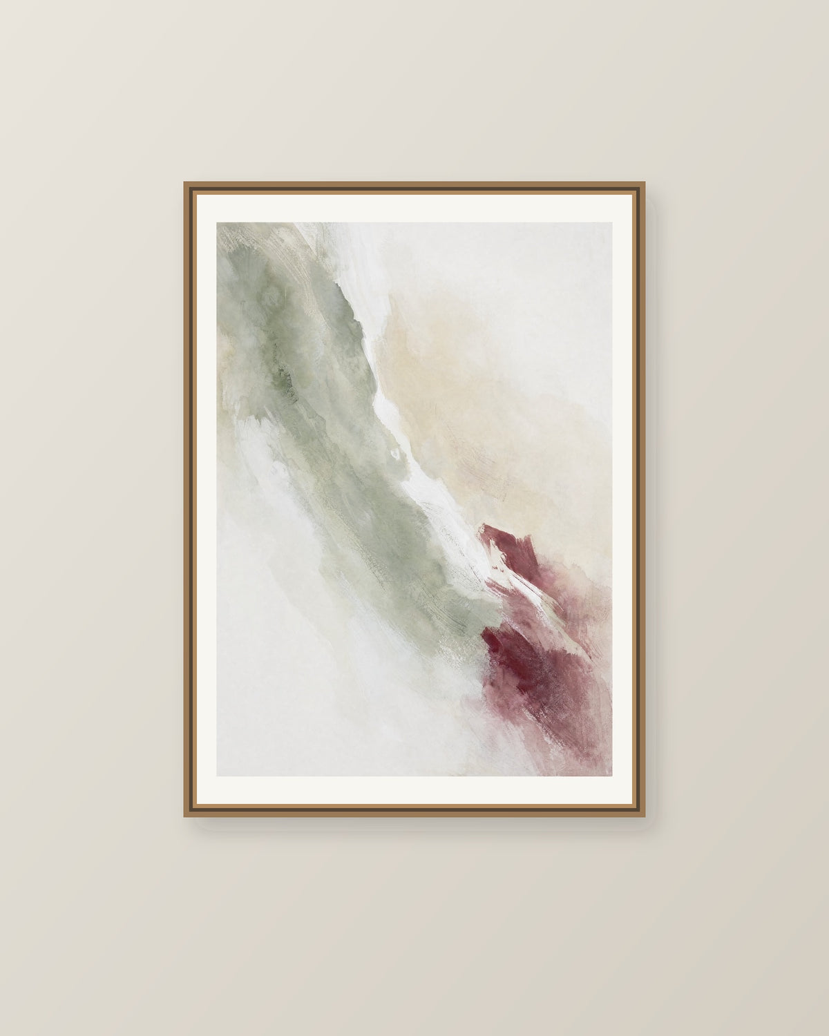 Abstrakt måleriskt motiv i högglans vit, varm krita, vinrött, dämpad salvia. Tunna färgslöjor glider diagonalt över ljusa partier, med ett tätare färgavtryck som motvikt. Illustrerad inramningsvy. Ram ingår inte.