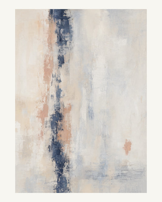 Abstrakt måleriskt motiv i matt vit, benvitt, djup indigo, lerrosa. Ett brutet lodrätt färgstråk möter tunna utsuddade slöjor och en liten förskjuten accent. 40 × 50 cm.