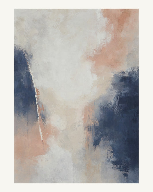 Abstrakt måleriskt motiv i matt vit, benvitt, djup indigo, lerrosa. Mjuka färgfält löser upp sig kring ett ljust mellanrum, med diskreta skrapningar som ger ytan liv. 40 × 50 cm.