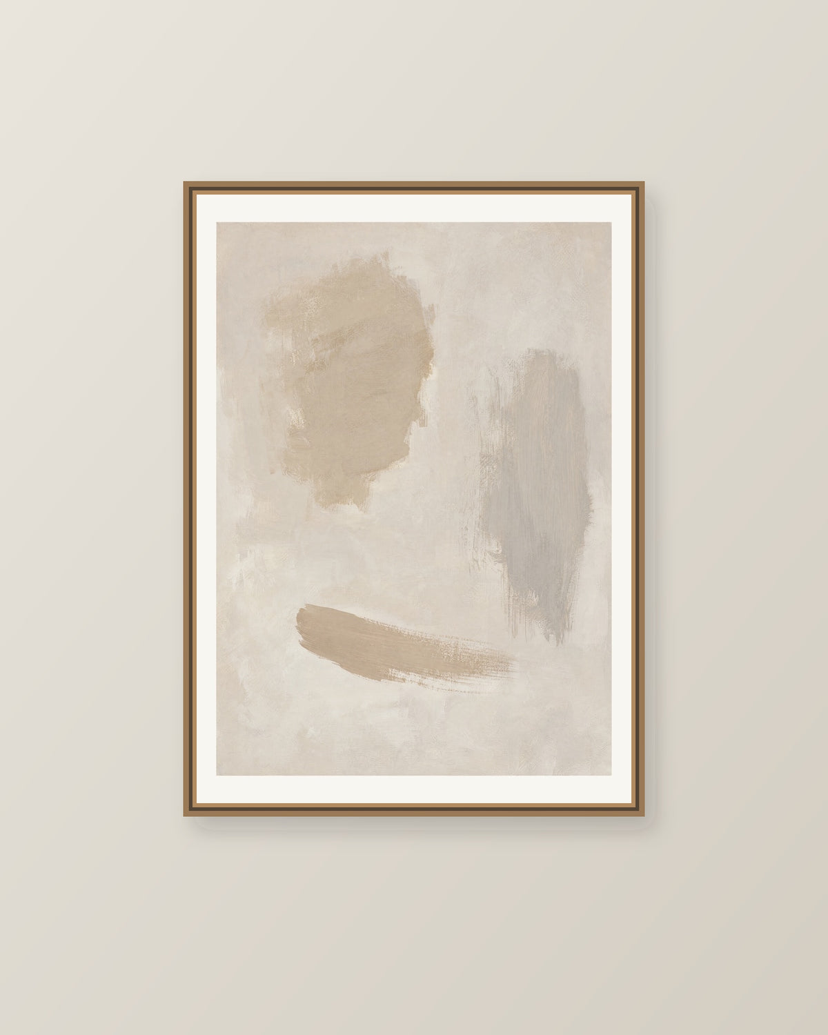 Abstrakt måleriskt motiv i ljus sandbeige, mjuk gråbeige, ljus linne. Fristående färgavtryck i olika storlek lämnar generösa mellanrum och låter papprets ljusa yta bära bilden. Illustrerad inramningsvy. Ram ingår inte.